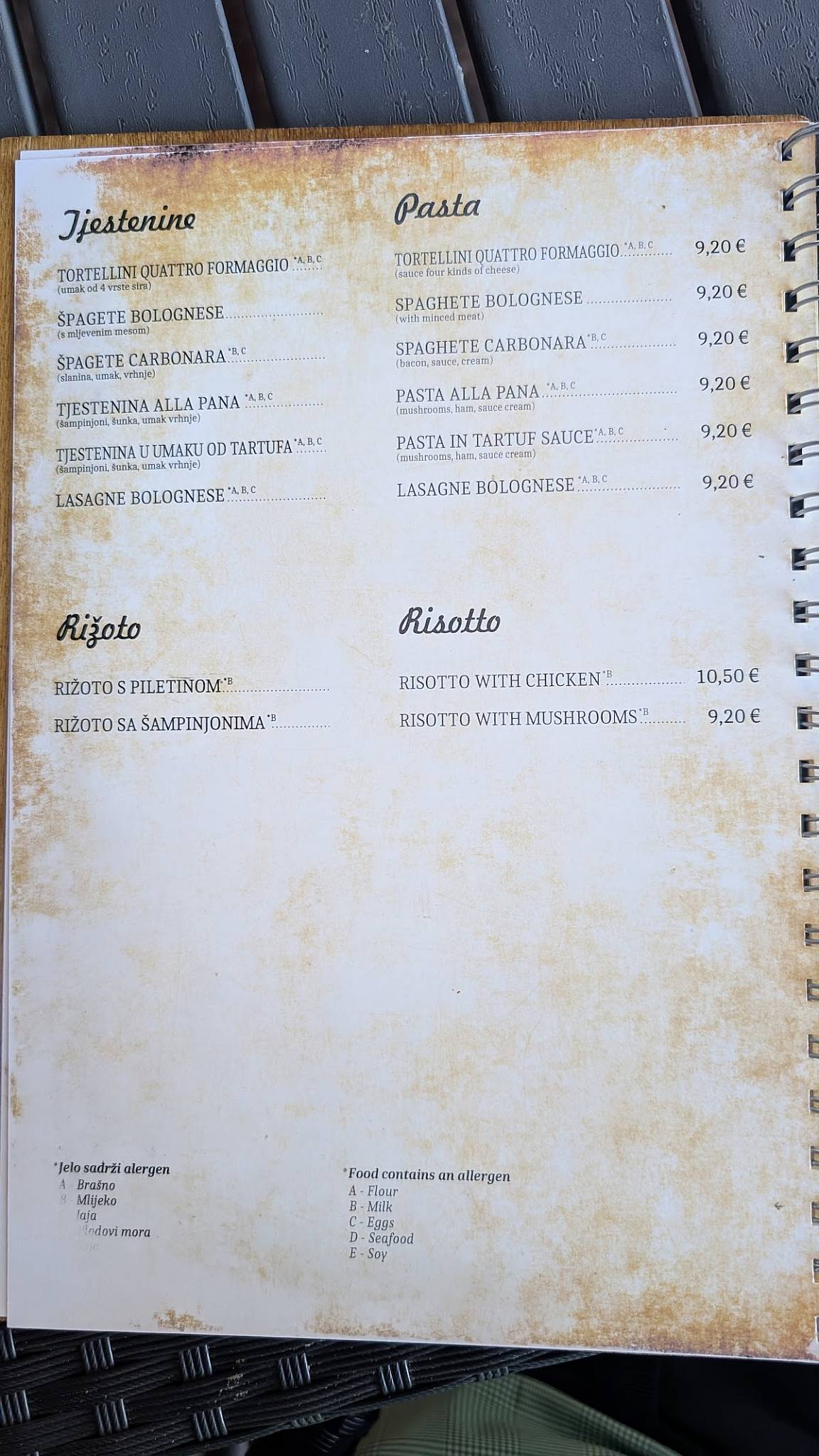 Menu di Restoran Stari Toranj 