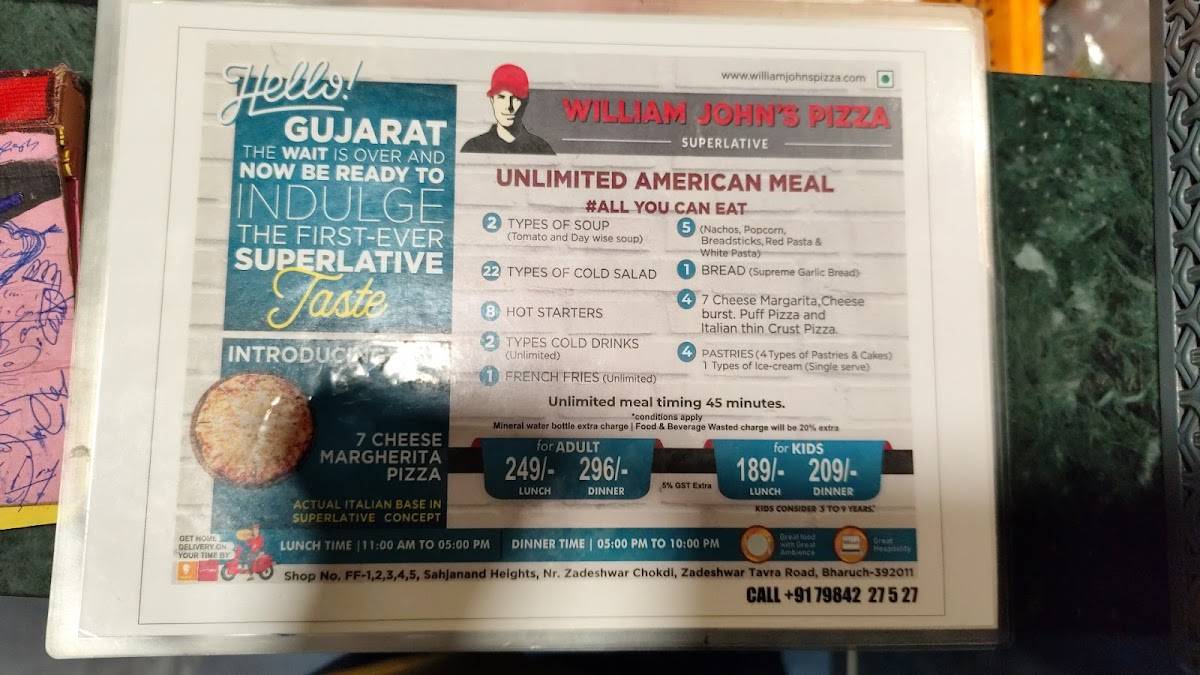 WILLIAM JOHN'S PIZZA SUPERLATIVE BHARUCH menu