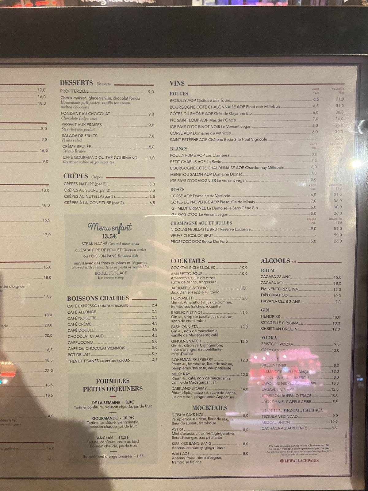 Menu de Brasserie Le Wallace