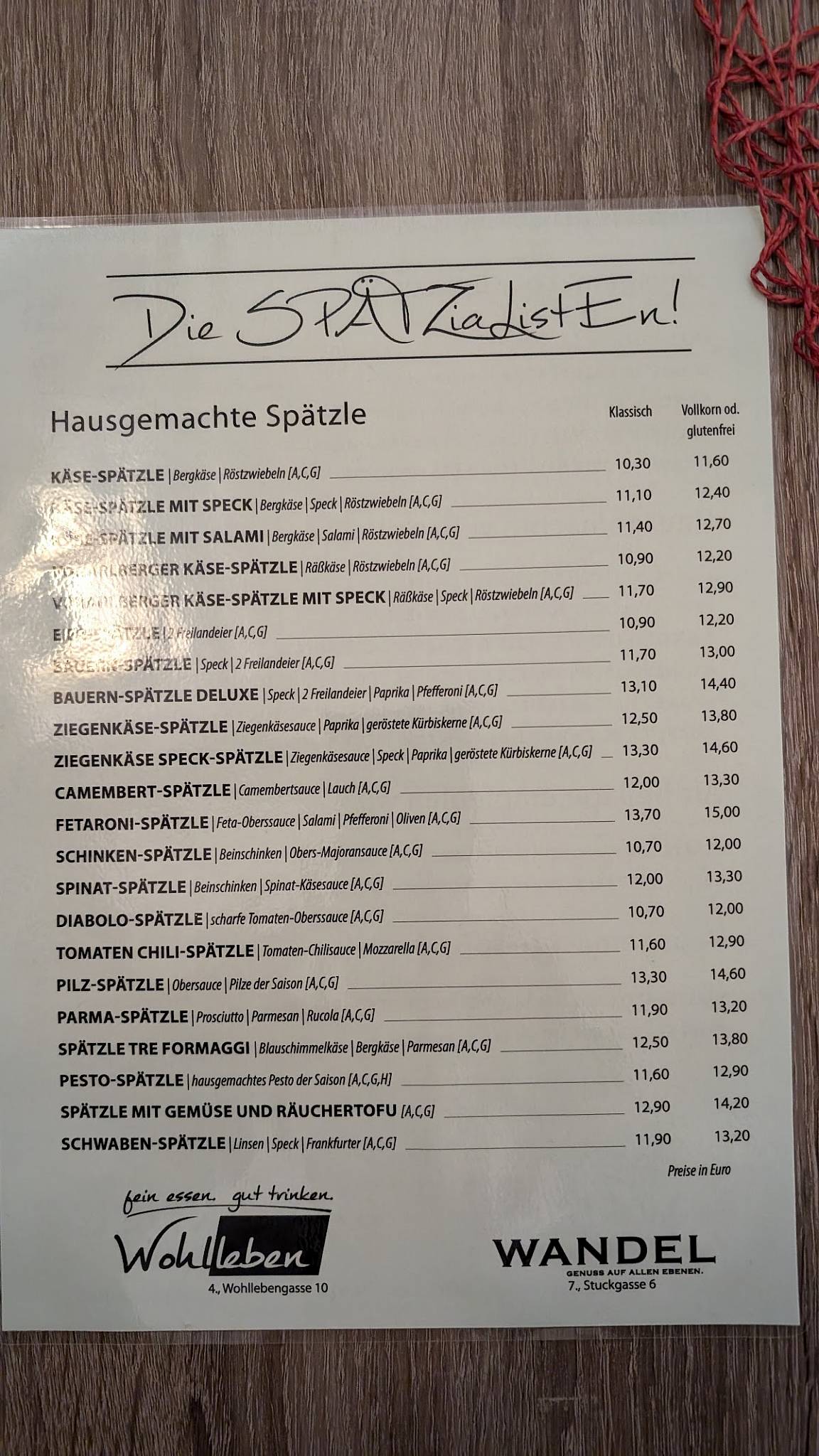 Menu de Wandel - Spätzlerestaurant Wien