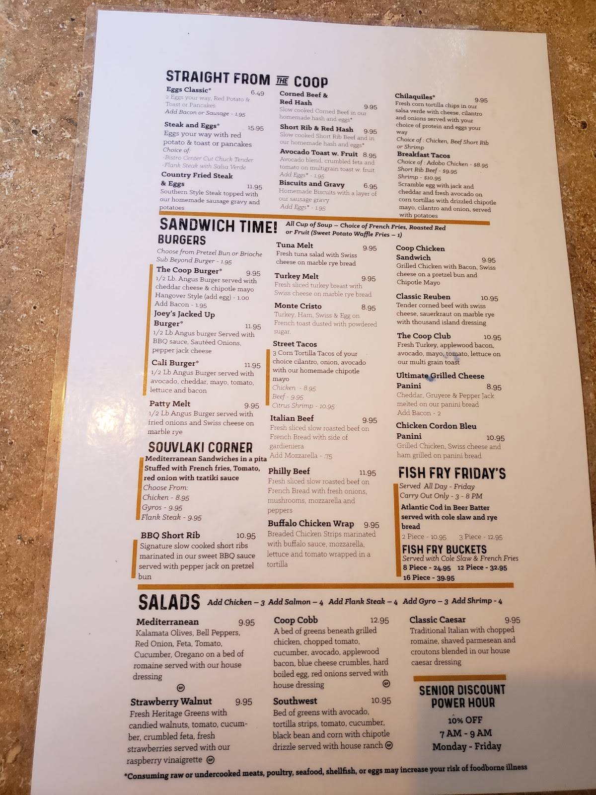 Menu at The Coop restaurant, Waukesha