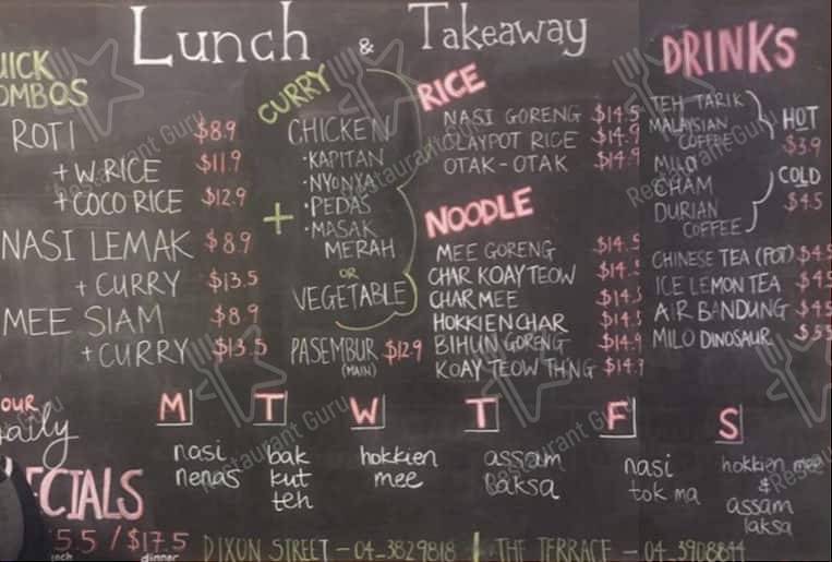 Menu at Little Penang restaurant, Wellington, 179 Victoria St