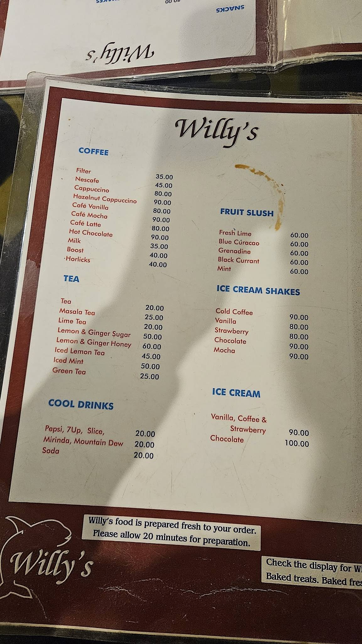 Willy's Coffee Pub menu