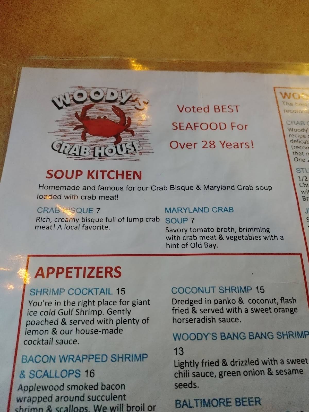 Menu At Woody S Crab House Restaurant North East