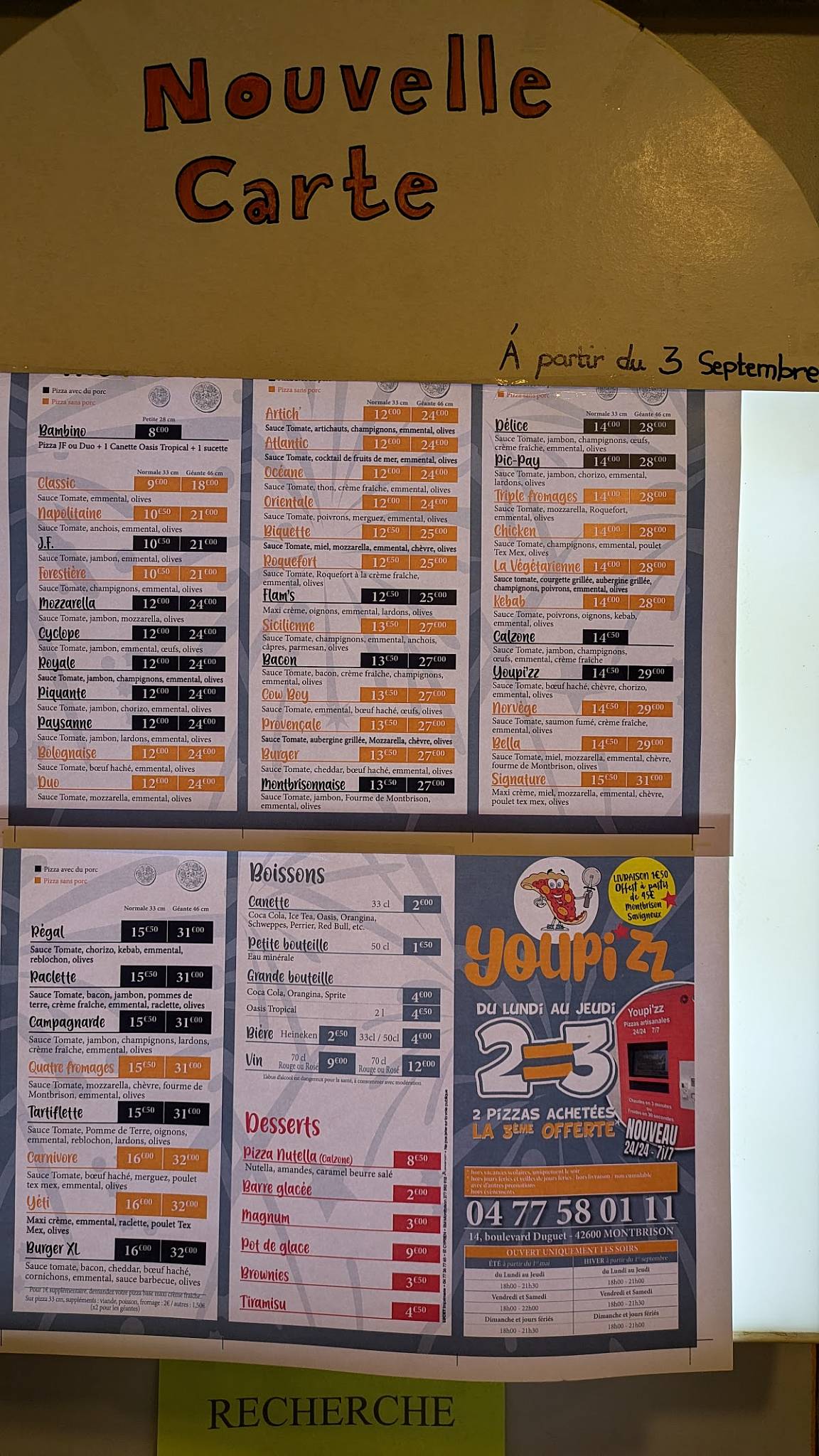Menu de YOU'PIZZ