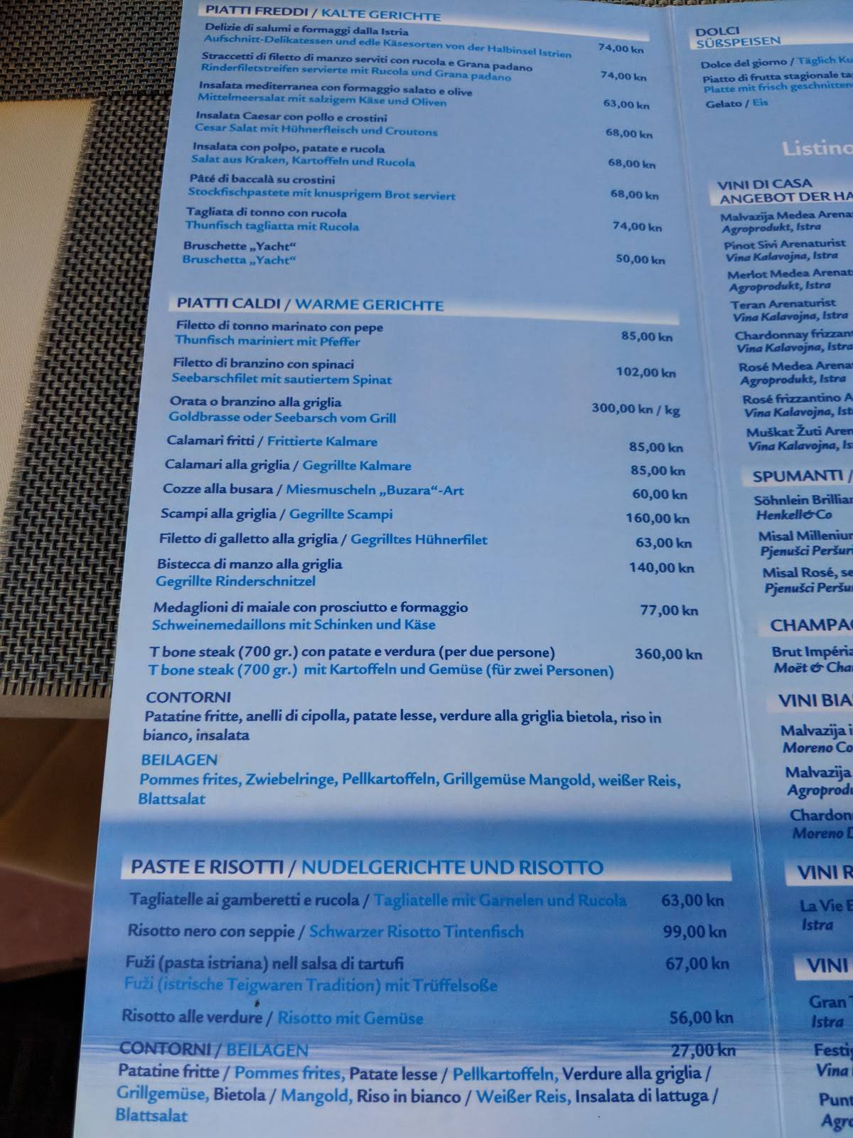 Yacht Bar & Restaurant menu