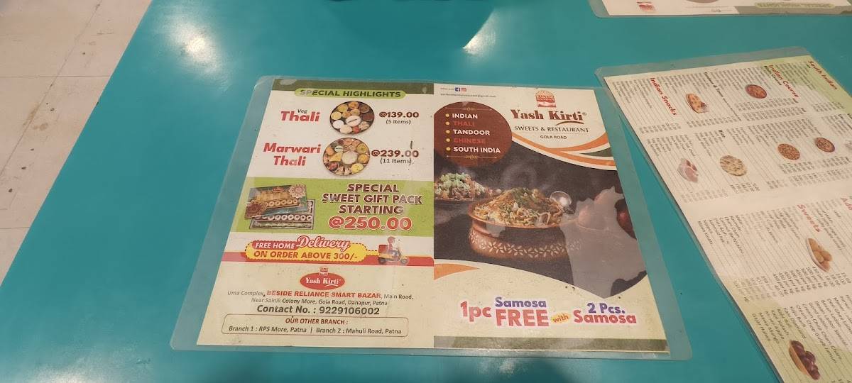 Yash Kirti - Sweets & Restaurant menu