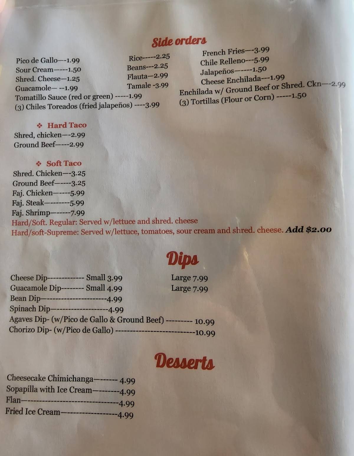 Menu at Los Agaves Mexican Restaurant, Yazoo City