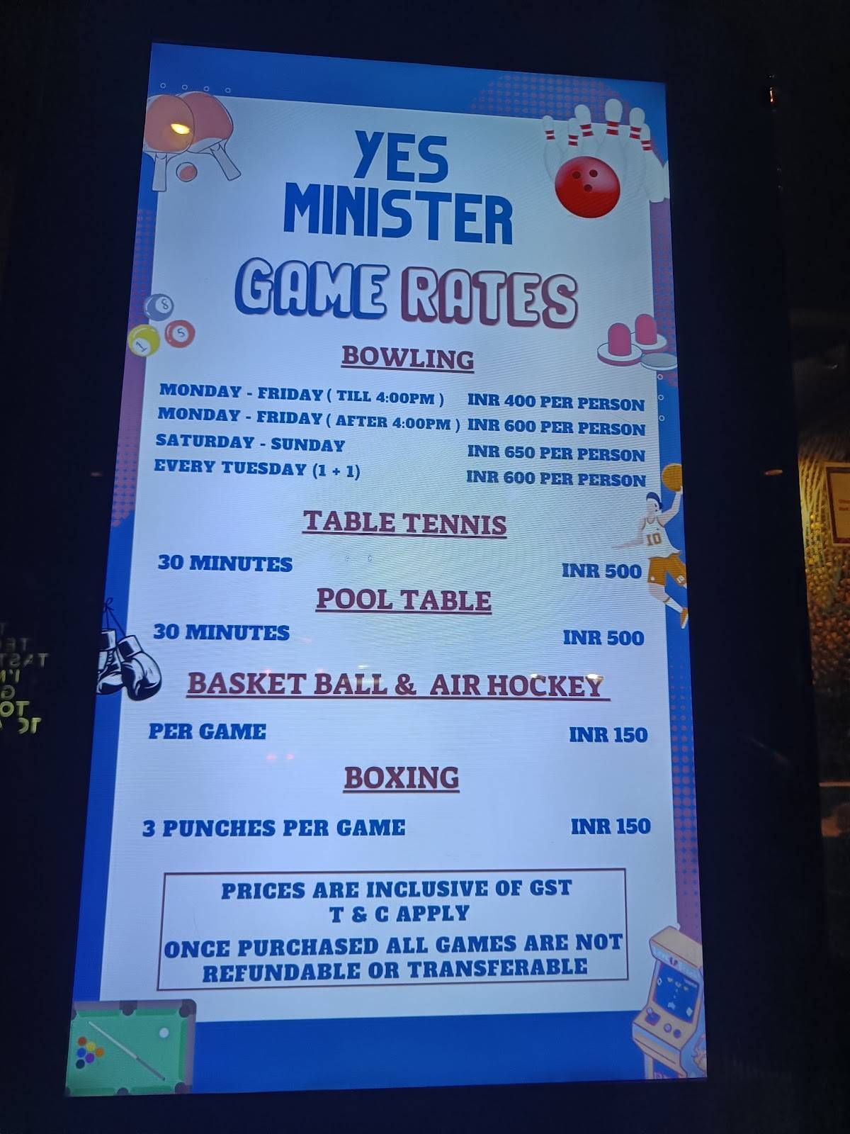Yes Minister Bowling, Bar & Kitchen menu
