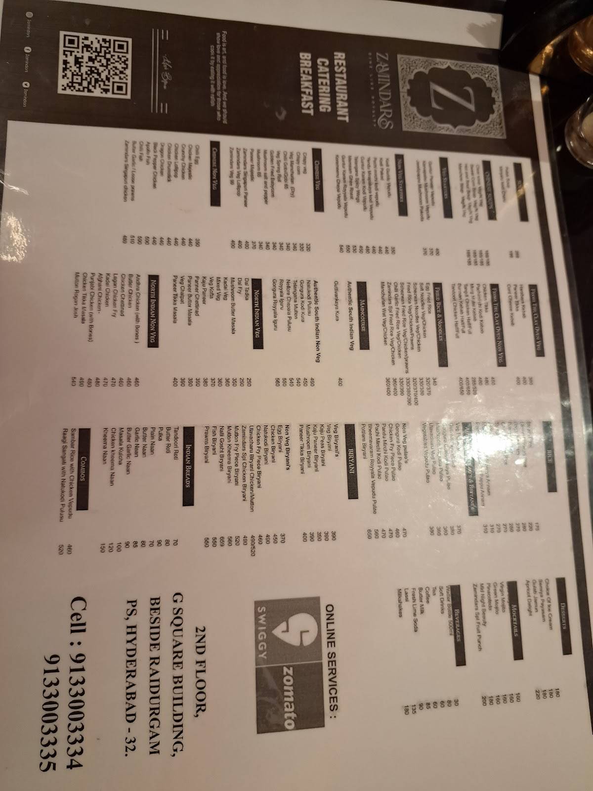 Zamindars Restaurant menu