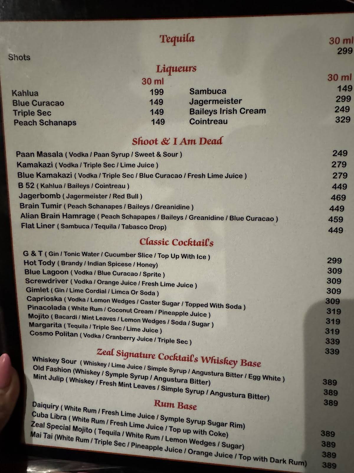 Zeal Family restaurant menu