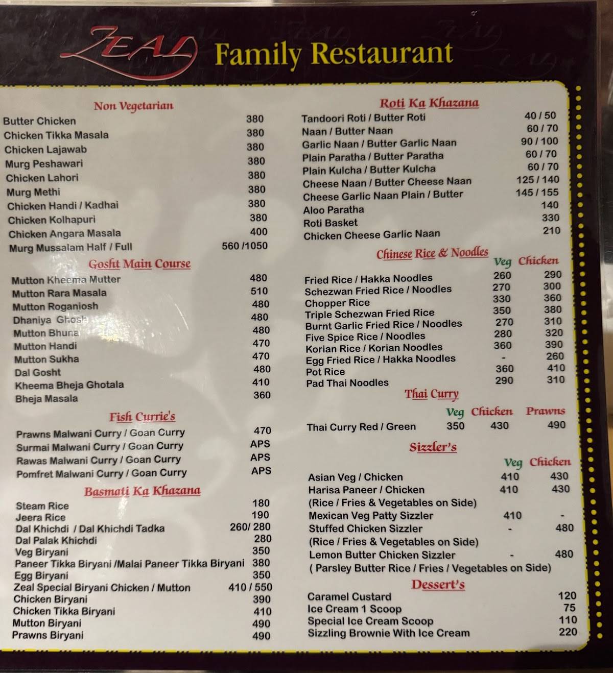Zeal Family restaurant menu