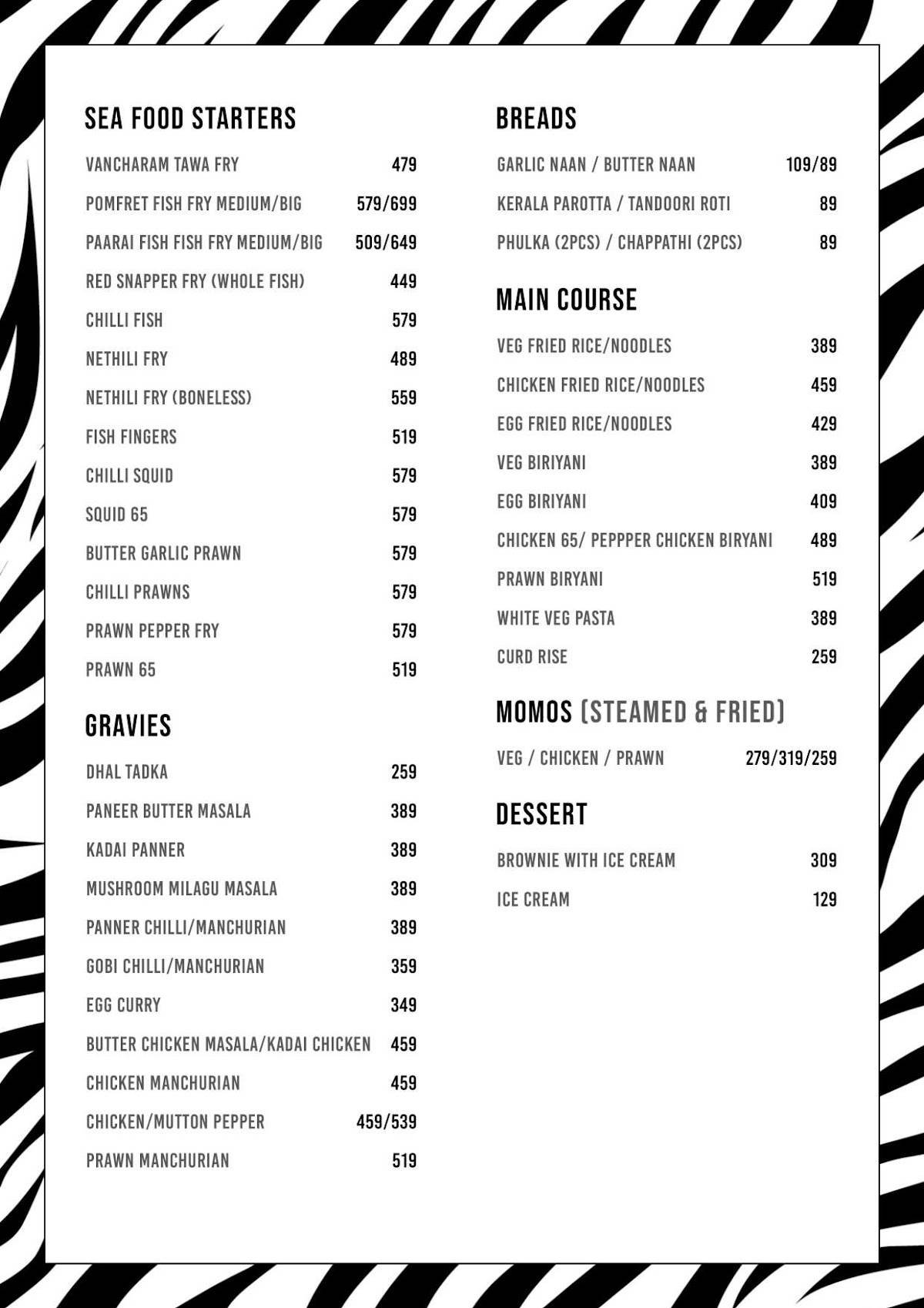Zebra Crossing Lounge menu