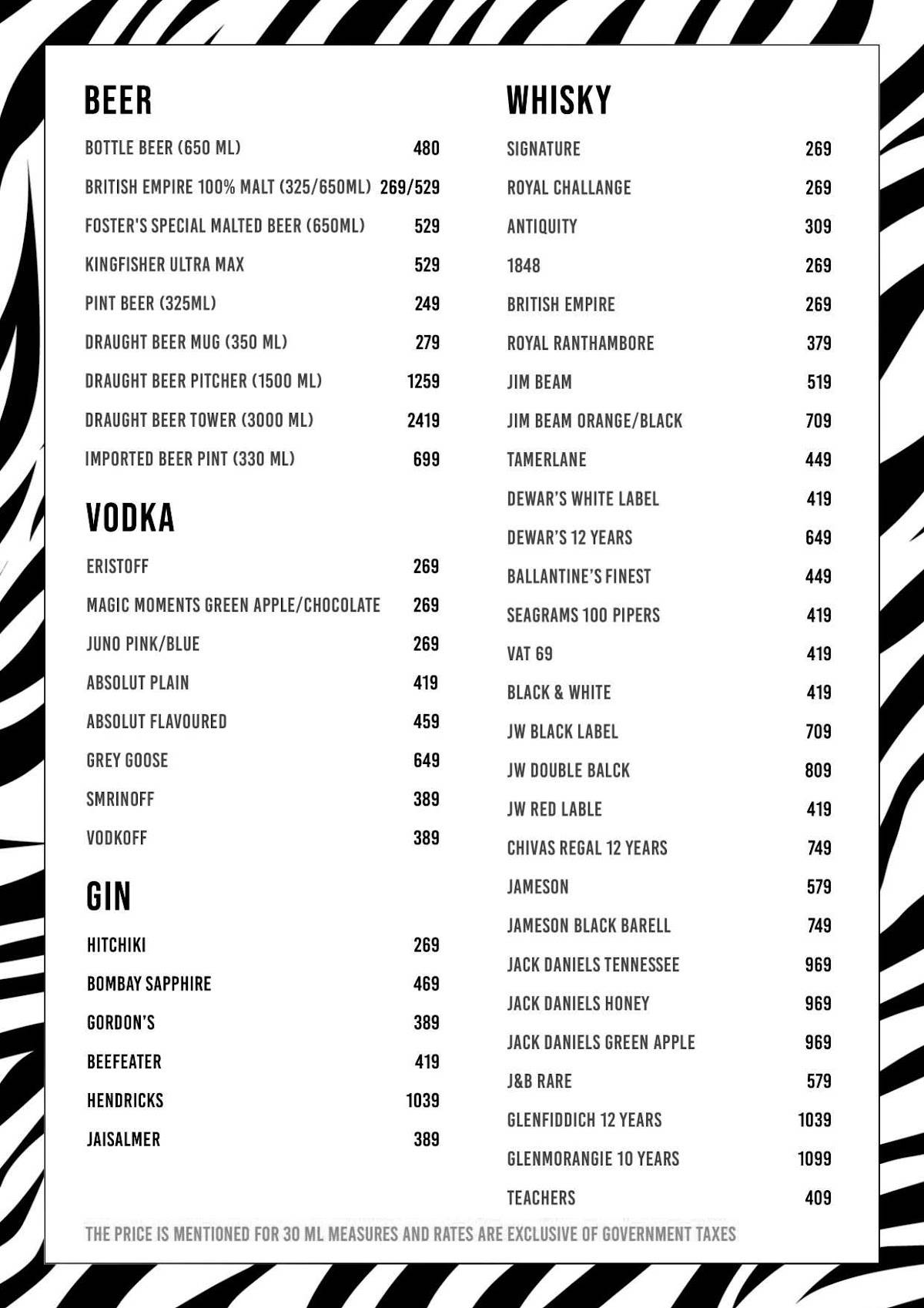 Zebra Crossing Lounge menu