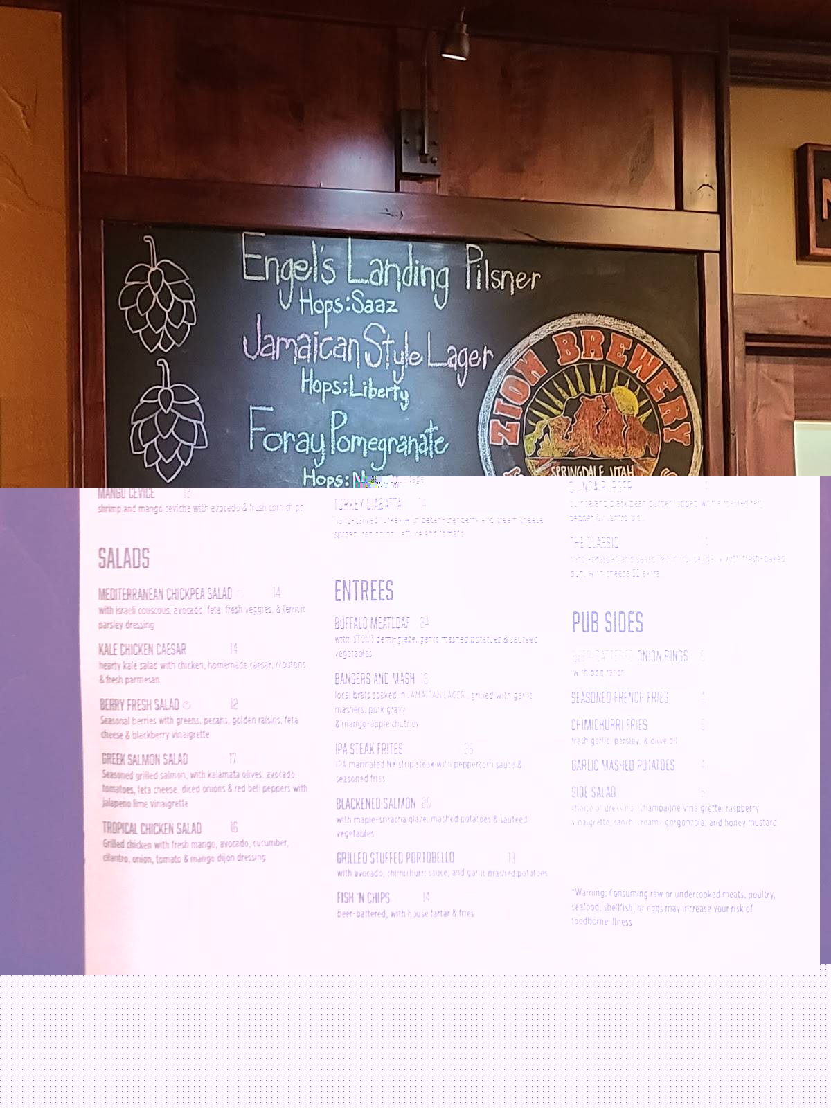 Menu at Zion Canyon Brew Pub, Springdale