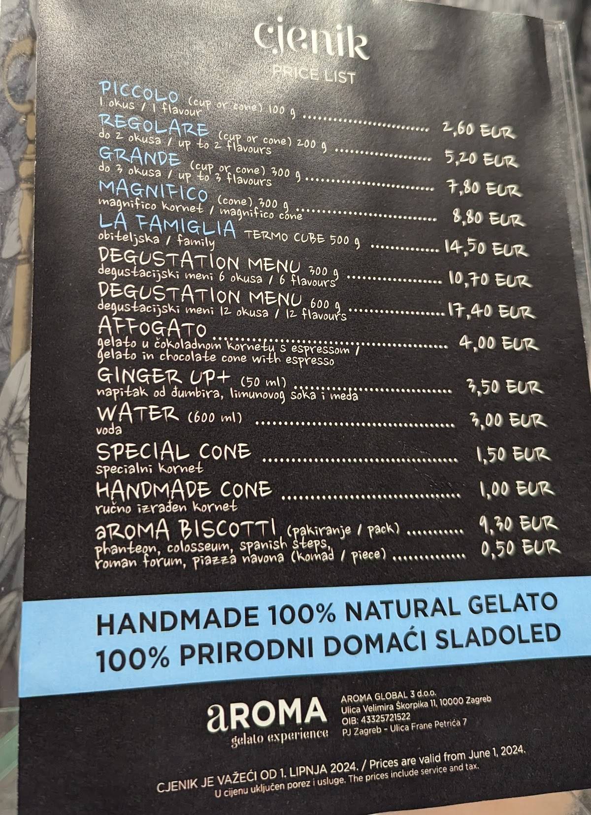 Menu di aROMA gelato experience Boutique Zagreb 