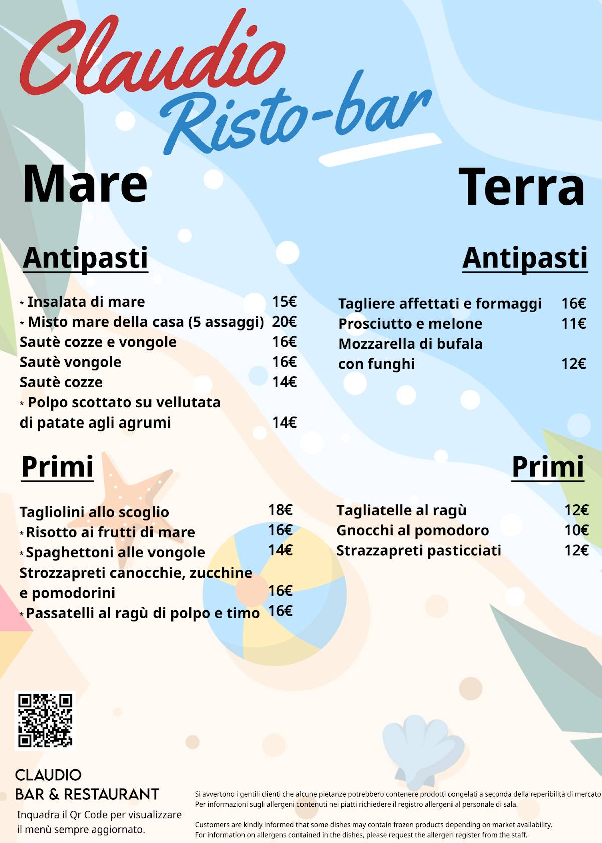Menu de bar ristorante Claudio bagno 125