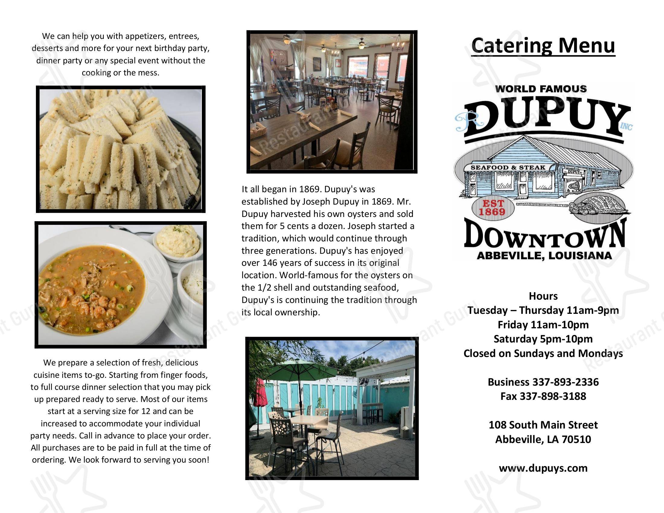 Menu at Dupuy's Seafood and Steak steakhouse, Abbeville