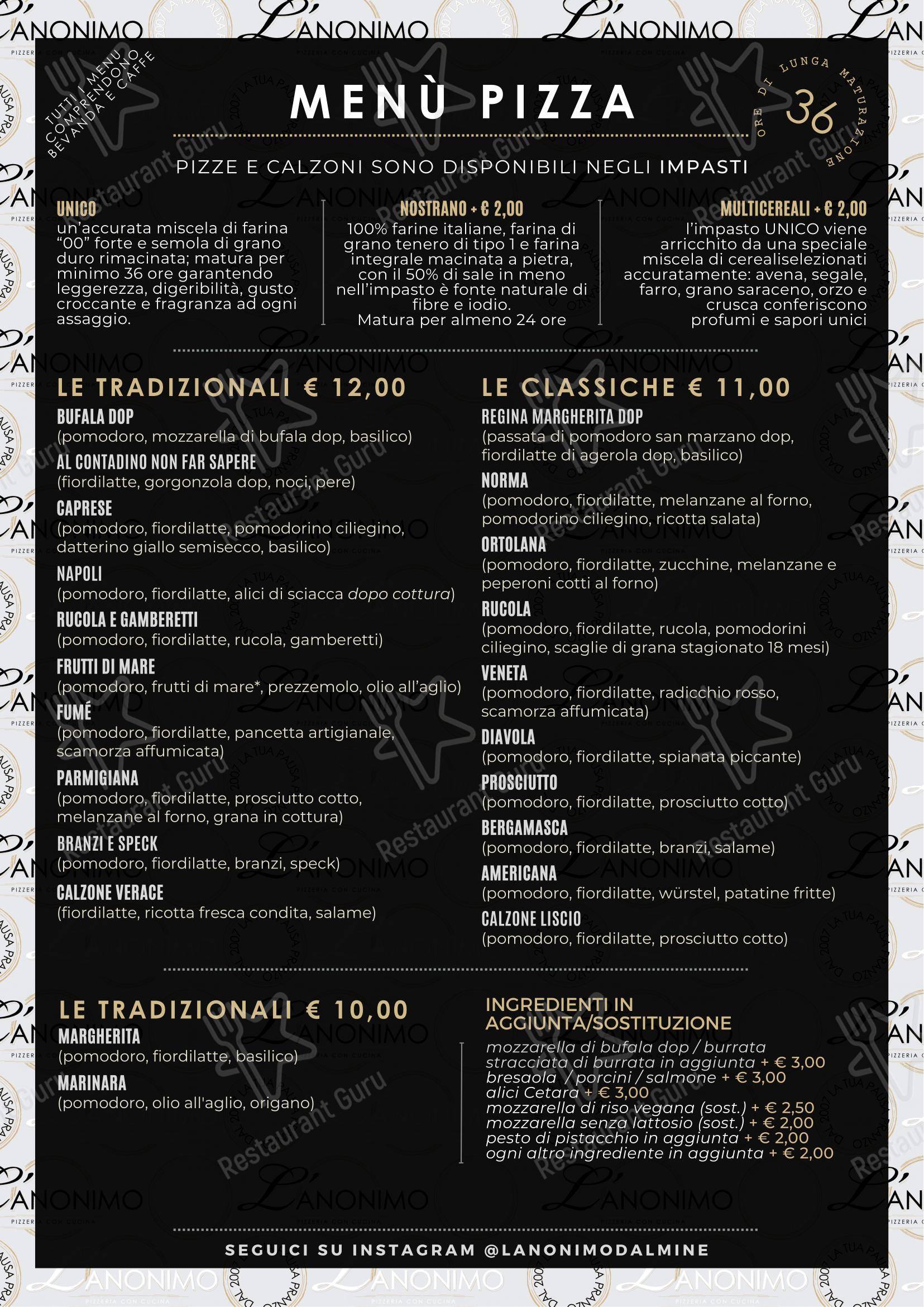 Коктейльная карта per L'Anonimo - Pizzeria con Cucina in Dalmine