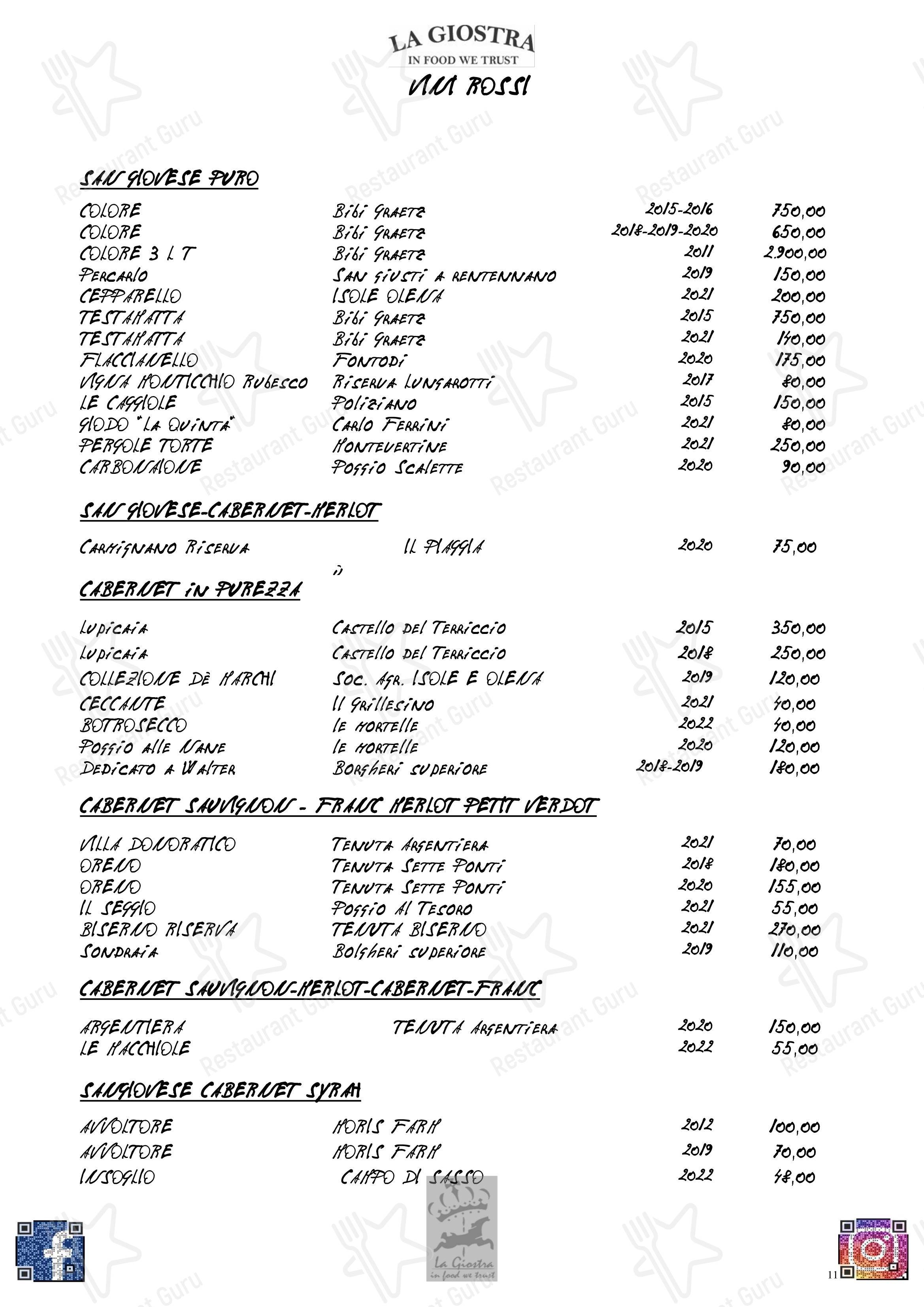 Menu per La Giostra in Firenze