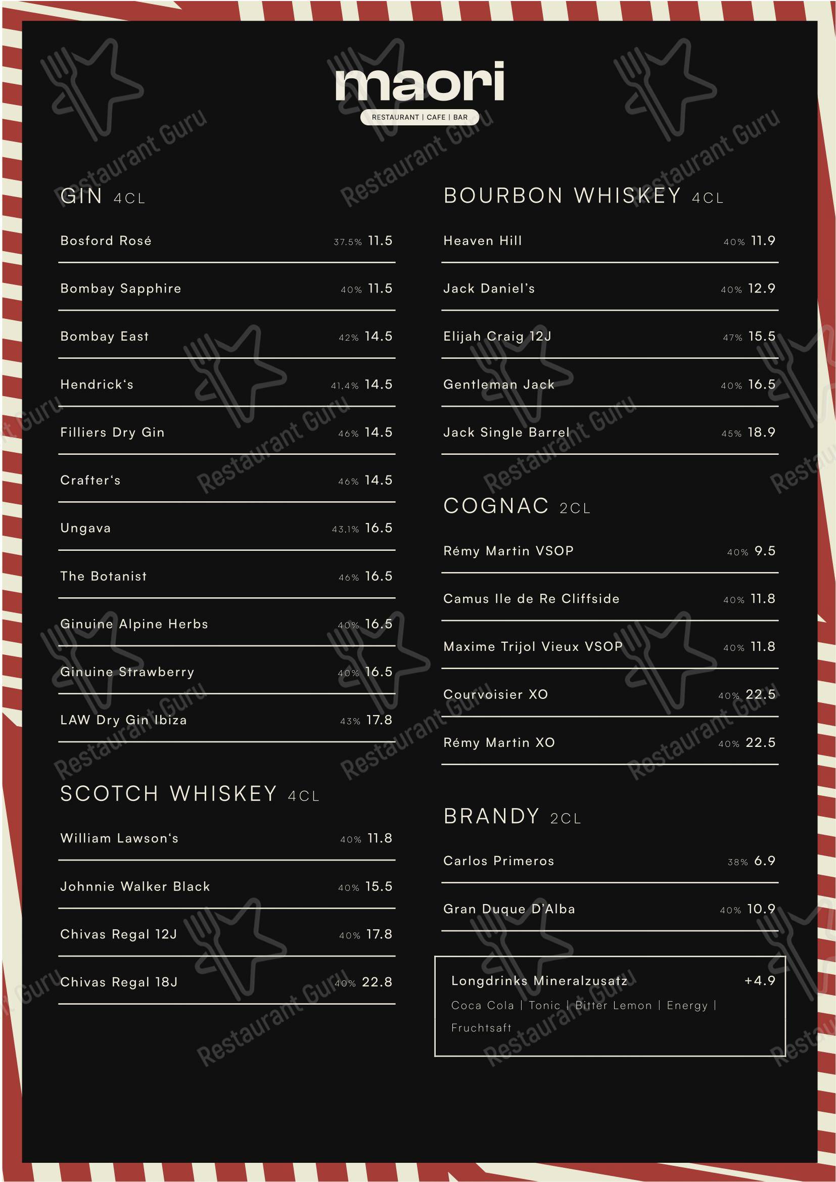 Menu per MAORI pub & bar