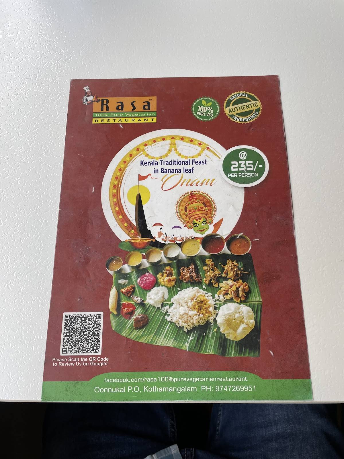 RASA PURE VEG HOTEL menu