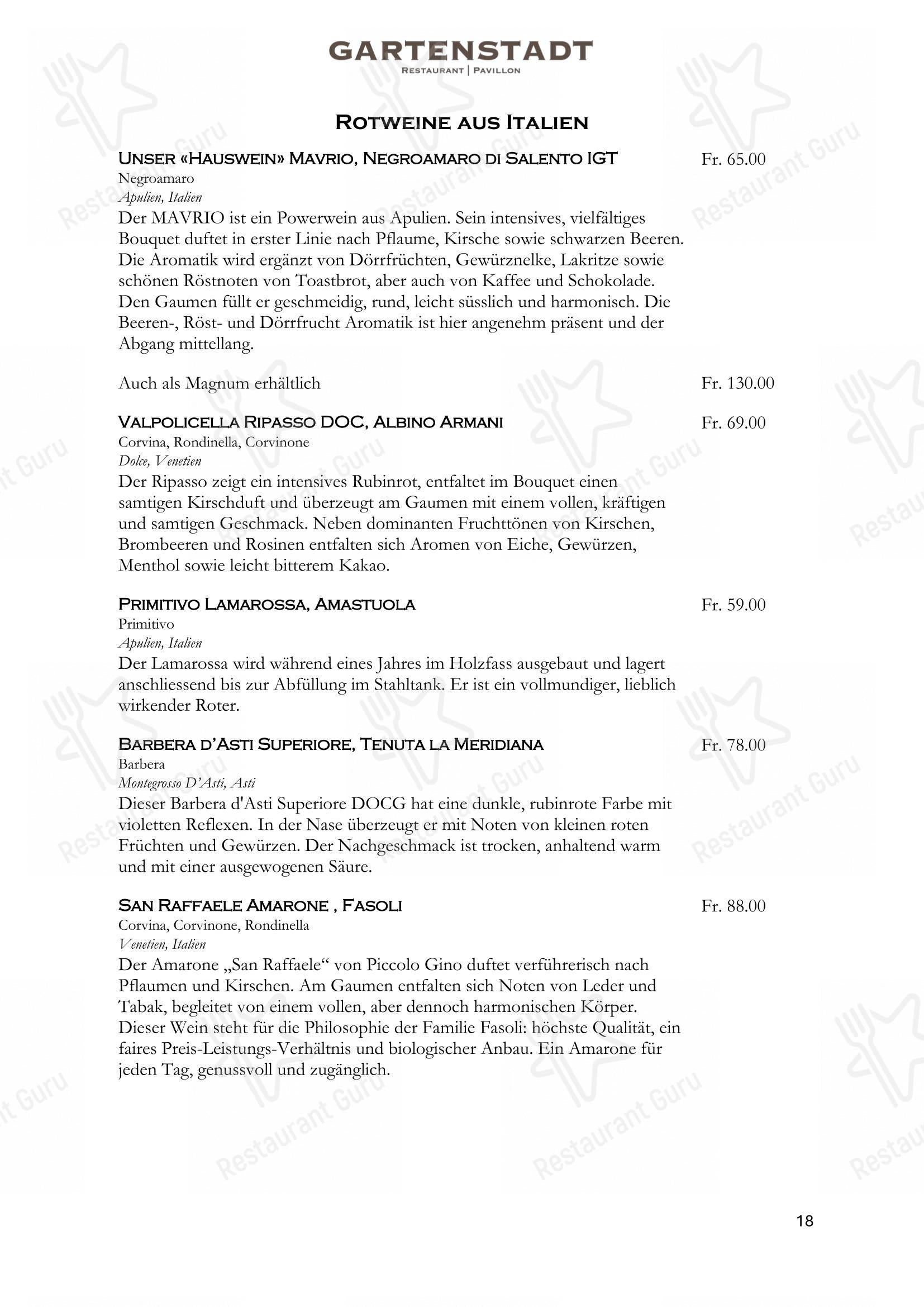 Restaurant Gartenstadt mit Pavillon in Münchenstein - Menu bar