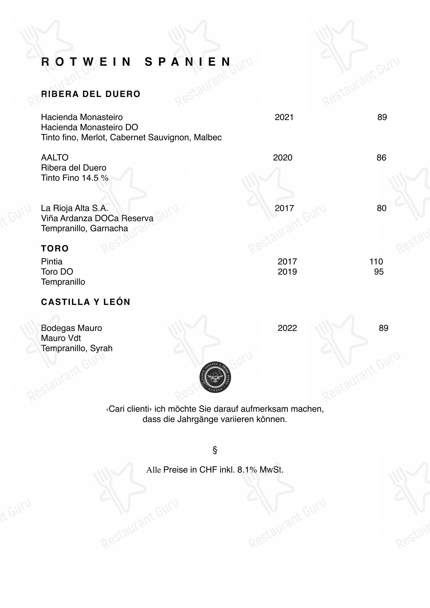 菜单 per Restaurant Oxen ristorante