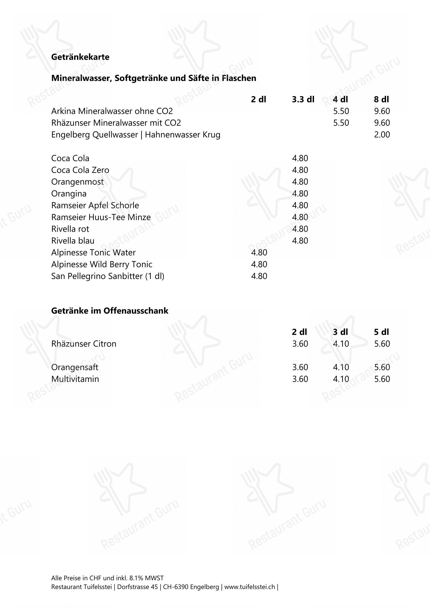 Menu di Restaurant Tuifelsstei - Menu bar
