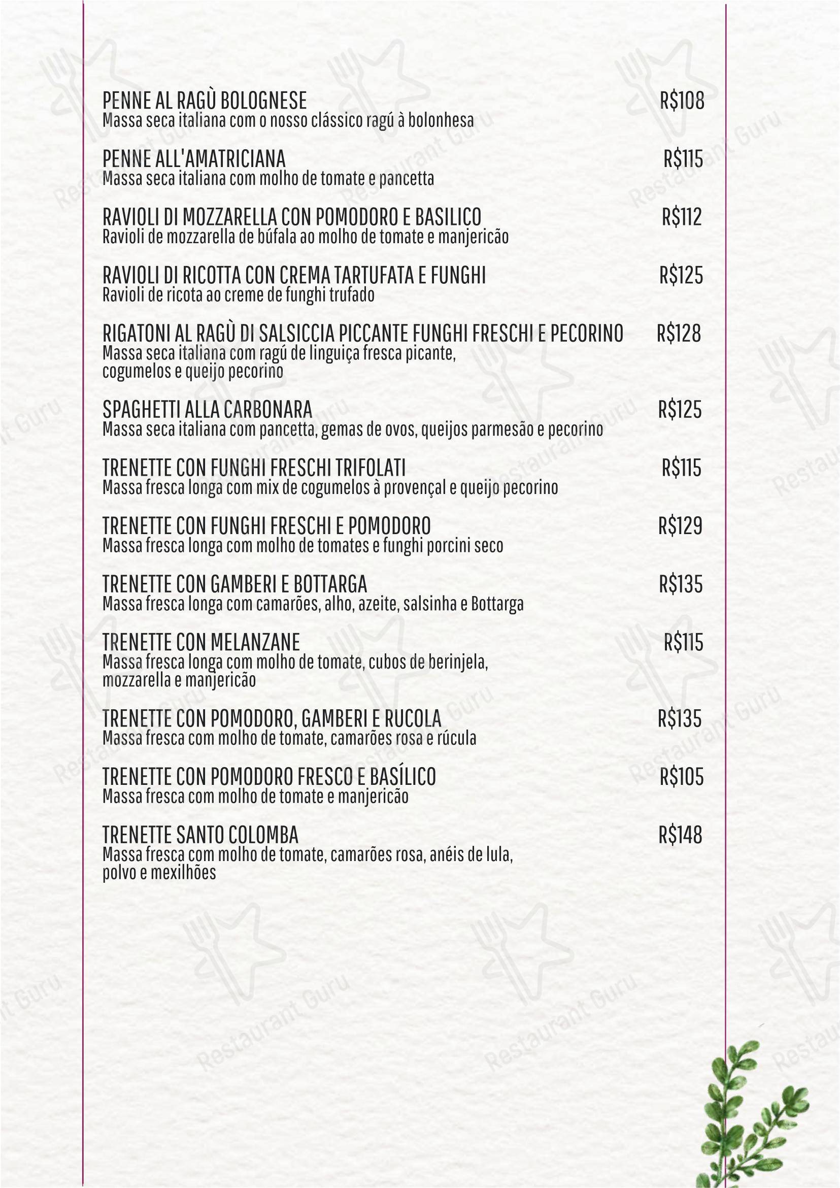 Santo Colomba em São Paulo - Menu