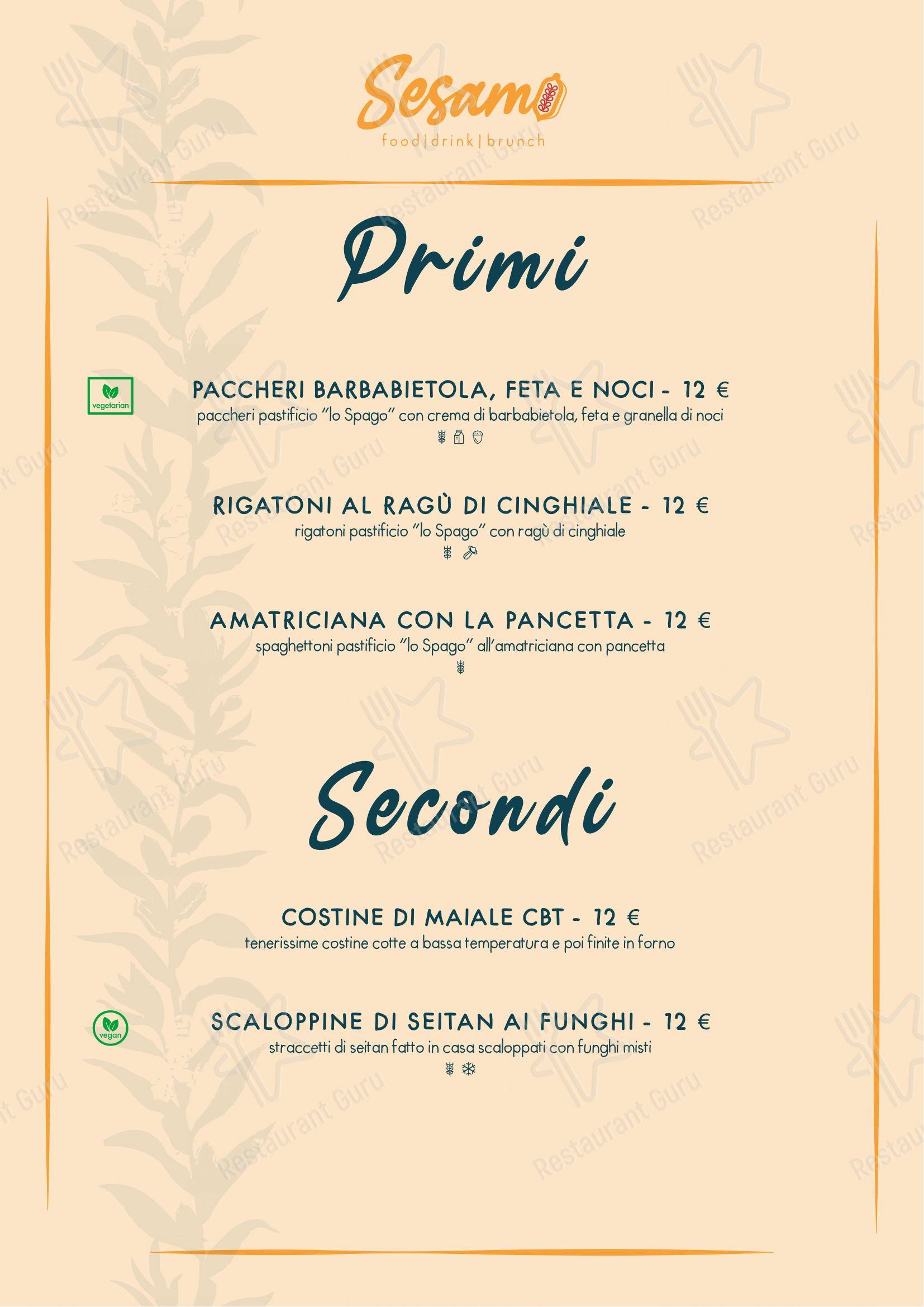 Menu per Sesamo ristorante