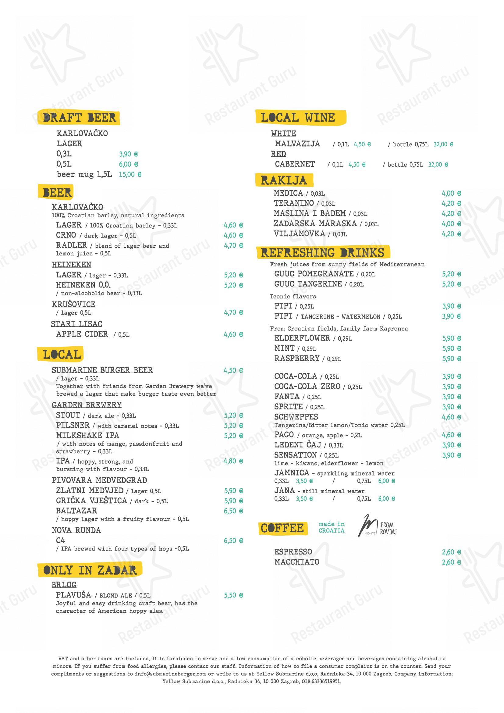 Wine Menu per Submarine Burger Frankopanska in Zagabria