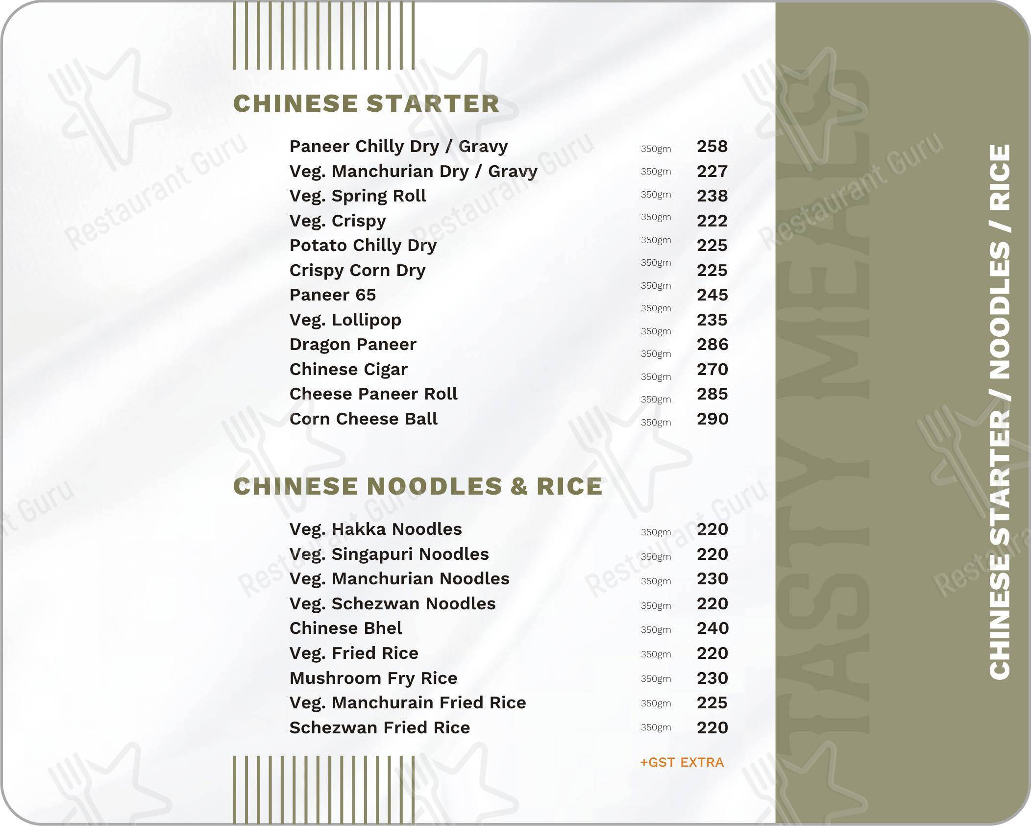 Menu for the Tasty Meals Restaurant and Banquet restaurant