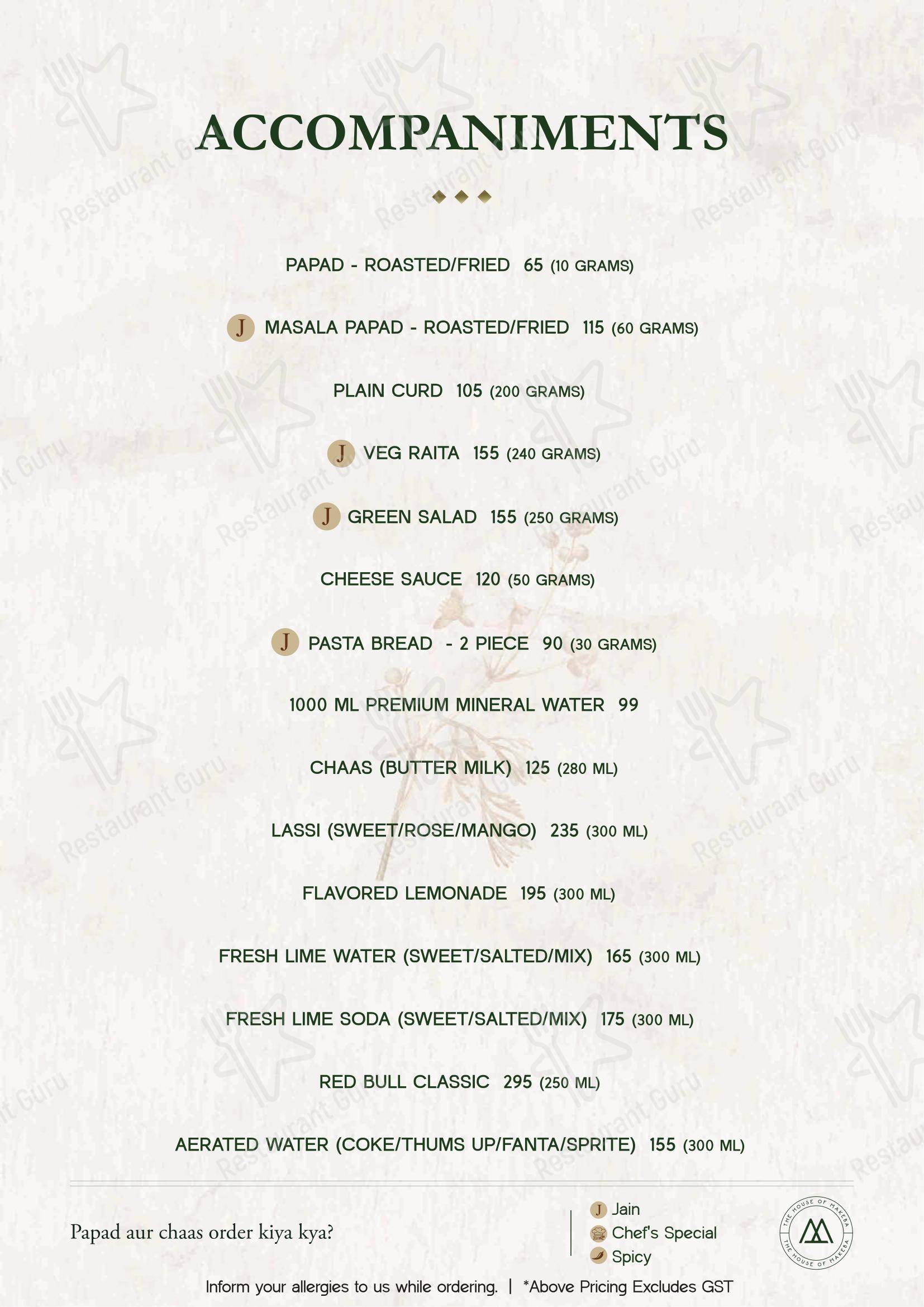 Menu for the The House of Makeba - Rooftop Restaurant in IIM Road restaurant