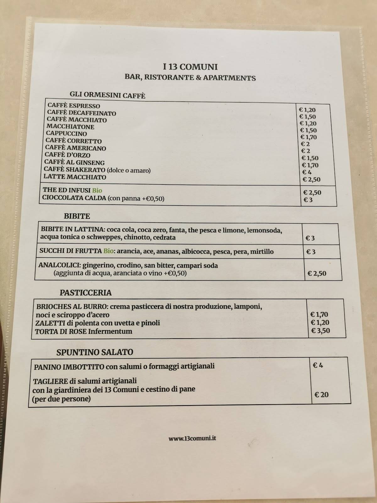 Menu di 13 Comuni Ristorante e ApartHotel 