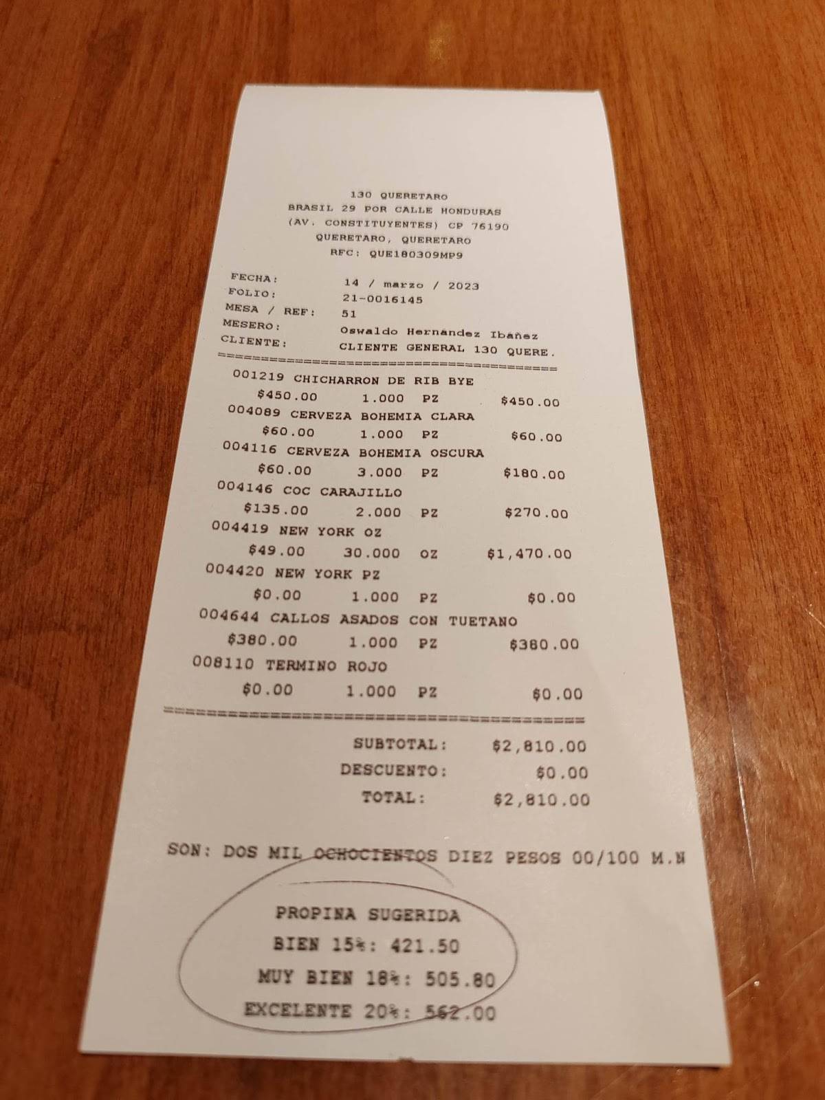 Carta de 130 grados Steakhouse Querétaro, Santiago de Querétaro