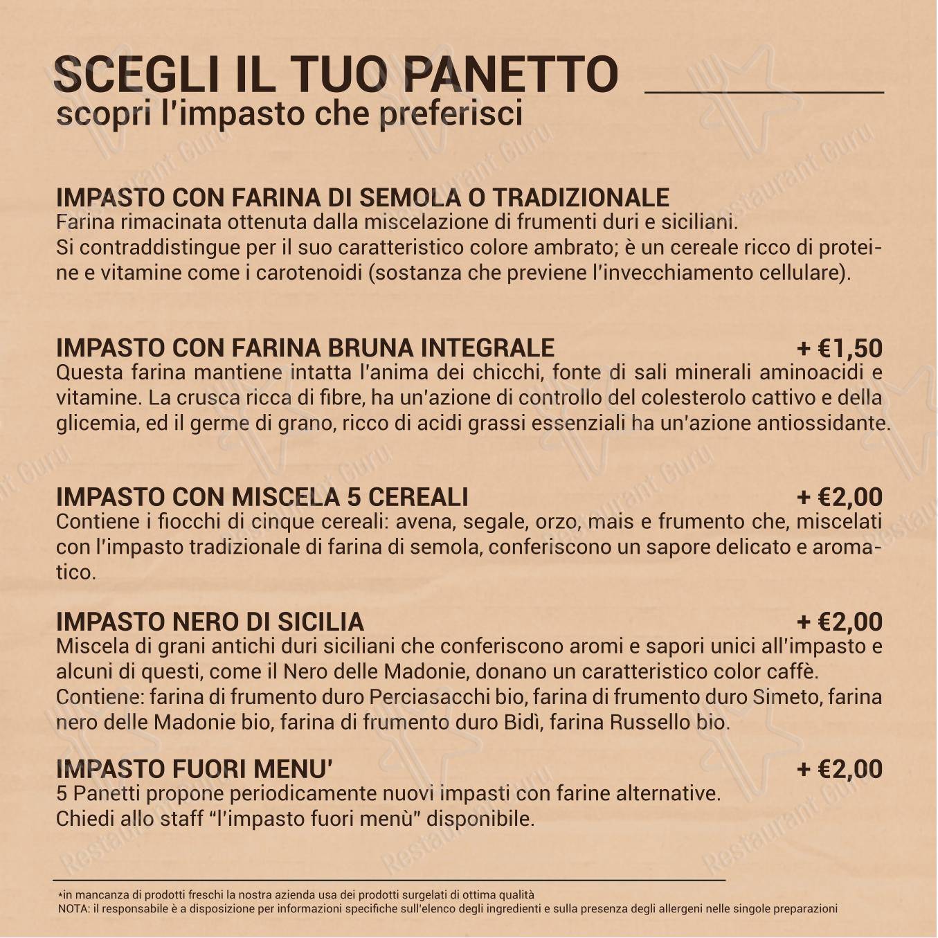 Menu per 5 Panetti pizzeria da asporto in Catania