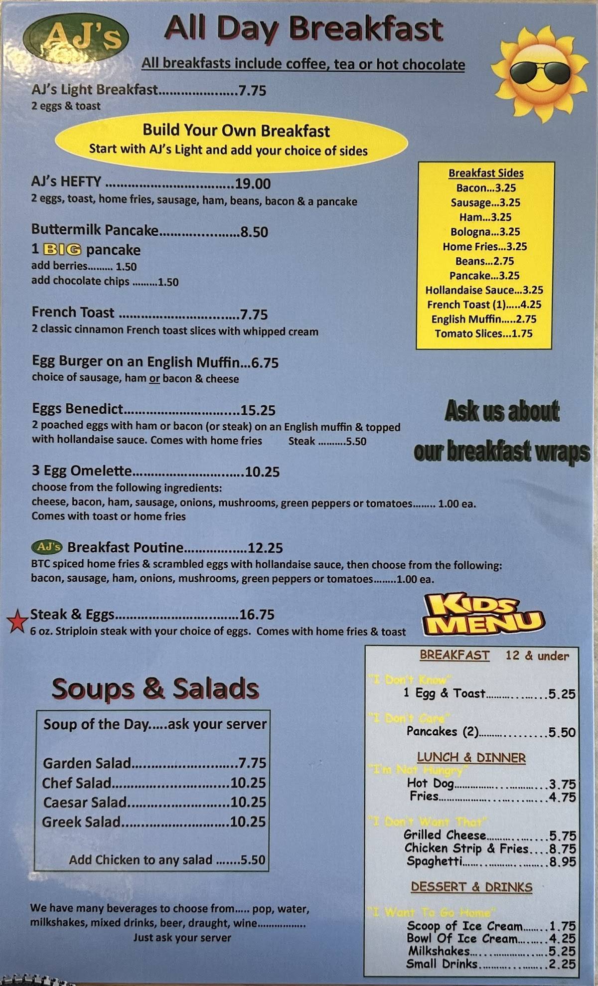 Menu at AJ's Lounge & Restaurant, Saint John