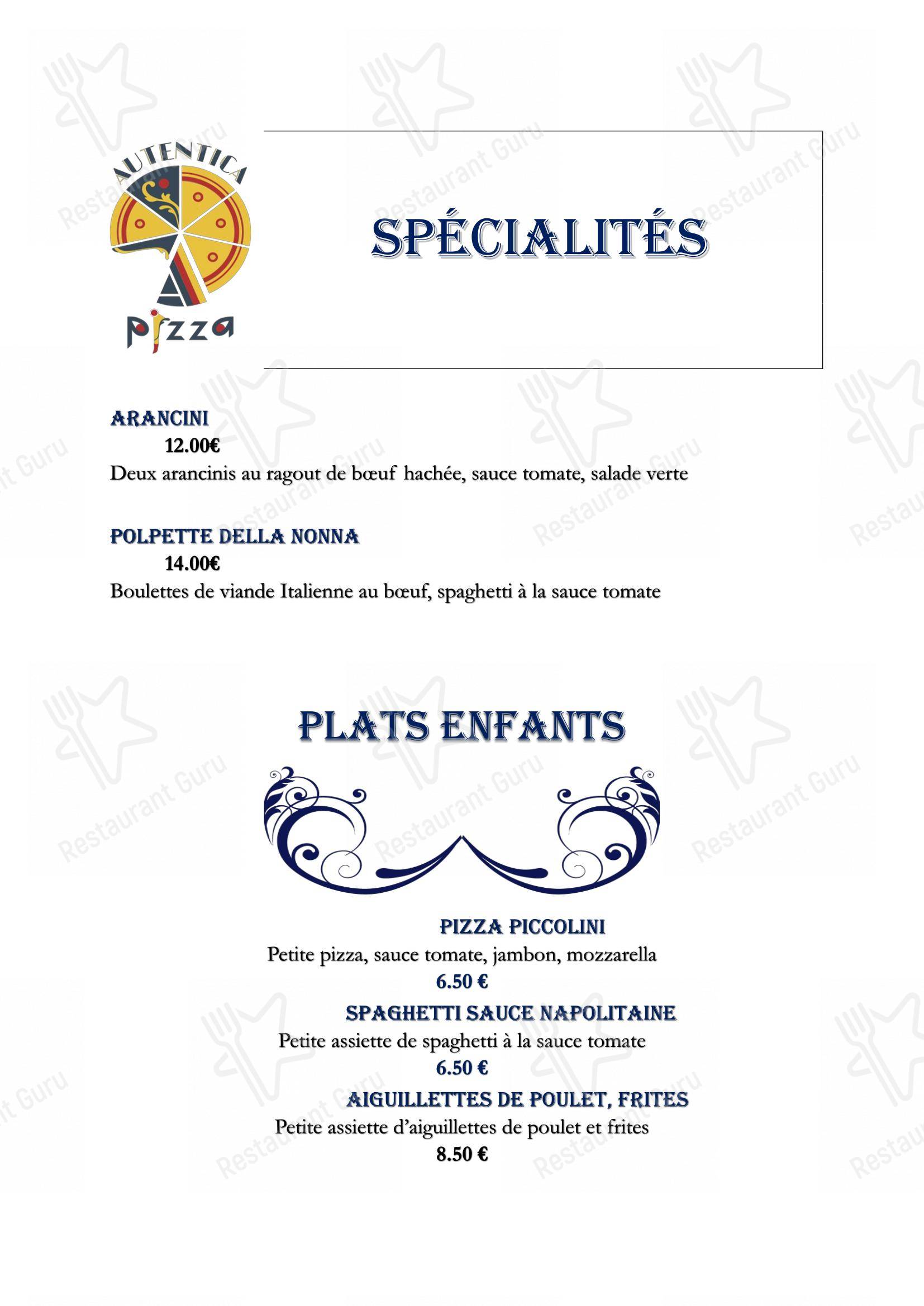 Menu pour AUTENTICA PIZZA dans Stiring-Wendel