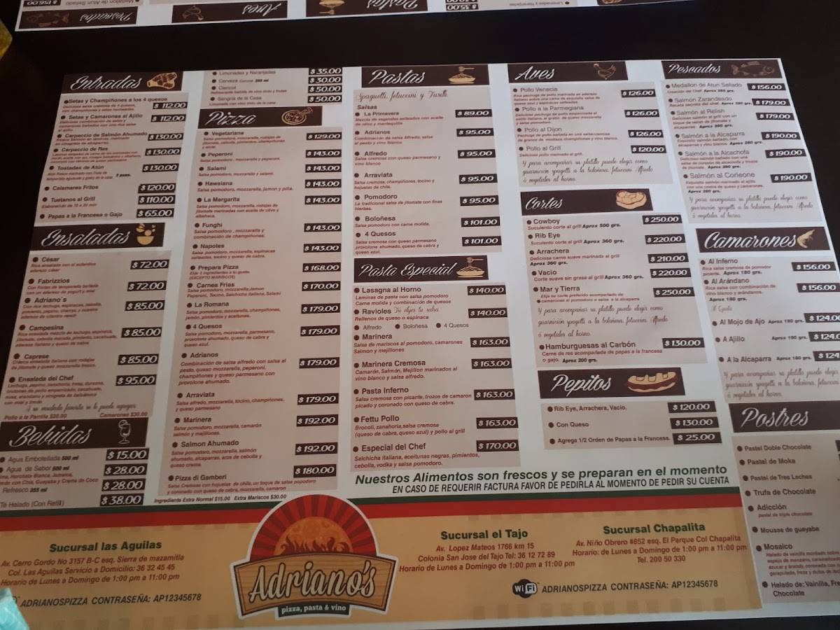 Carta del restaurante Adriano's Chapalita Pizza y Pasta, Zapopan, Av. Niño Obrero 852