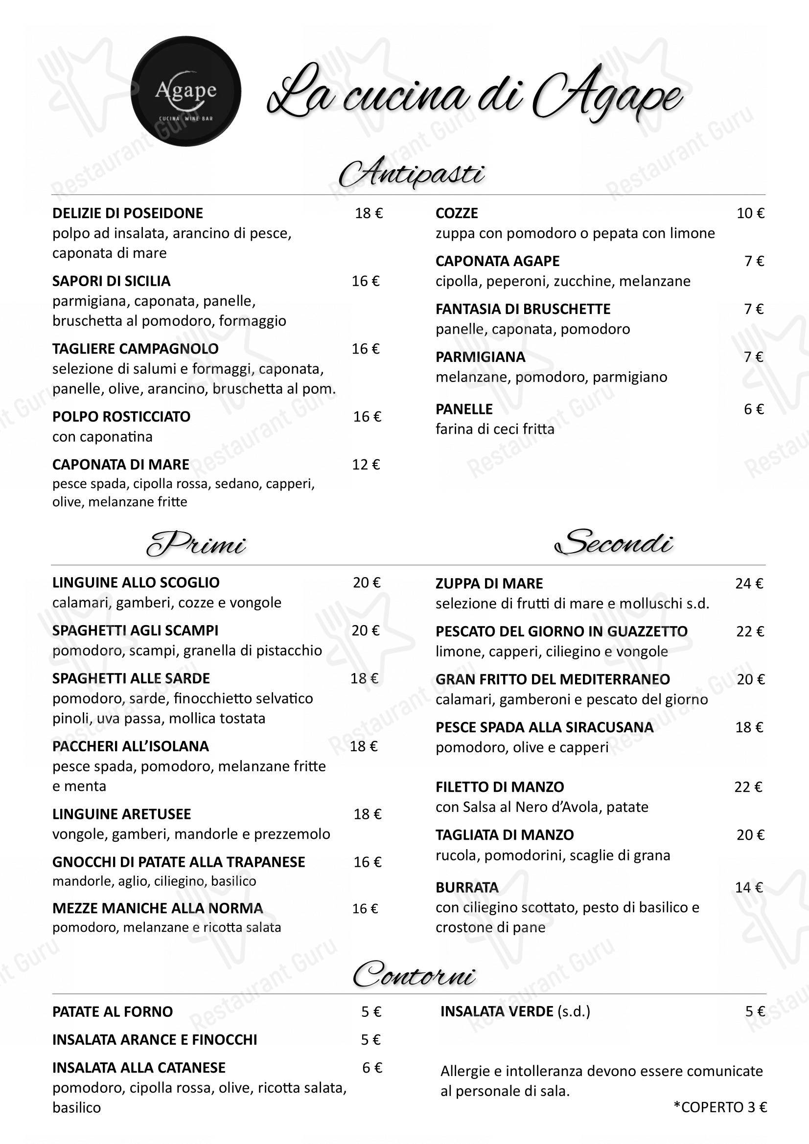Menu per Agape ristorante