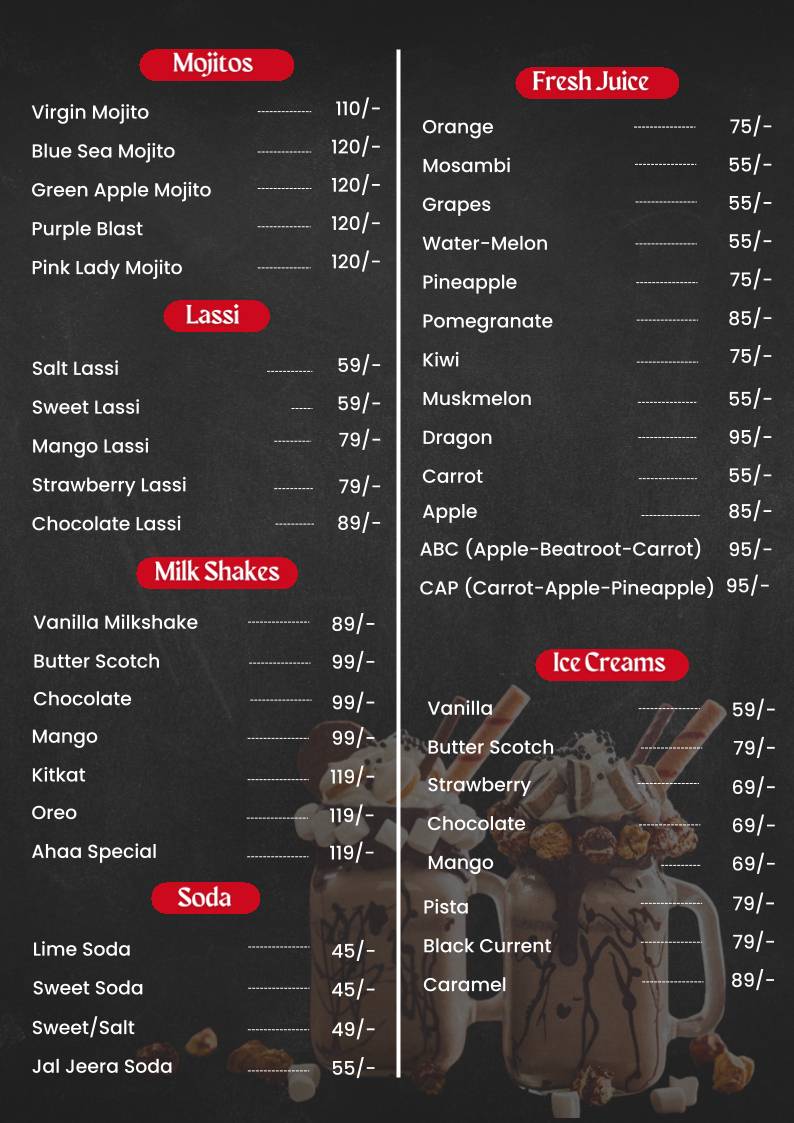 Ahaa restaurant menu