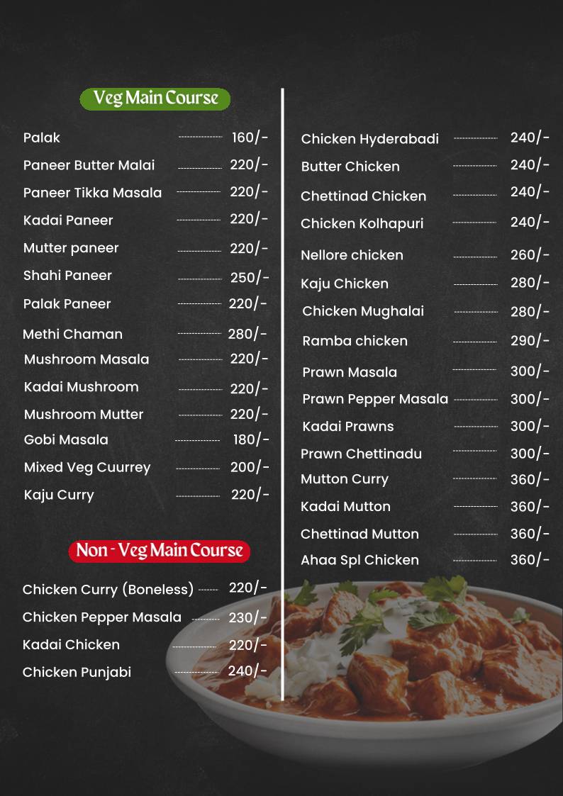 Ahaa restaurant menu