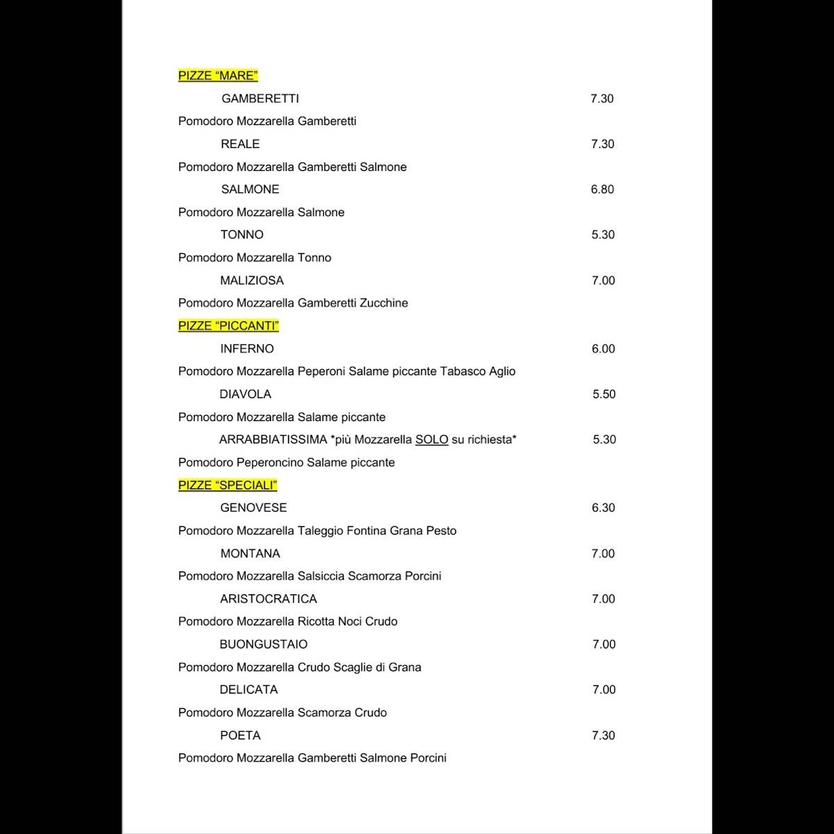 Menu di Albachiara ristorante e pizzeria 
