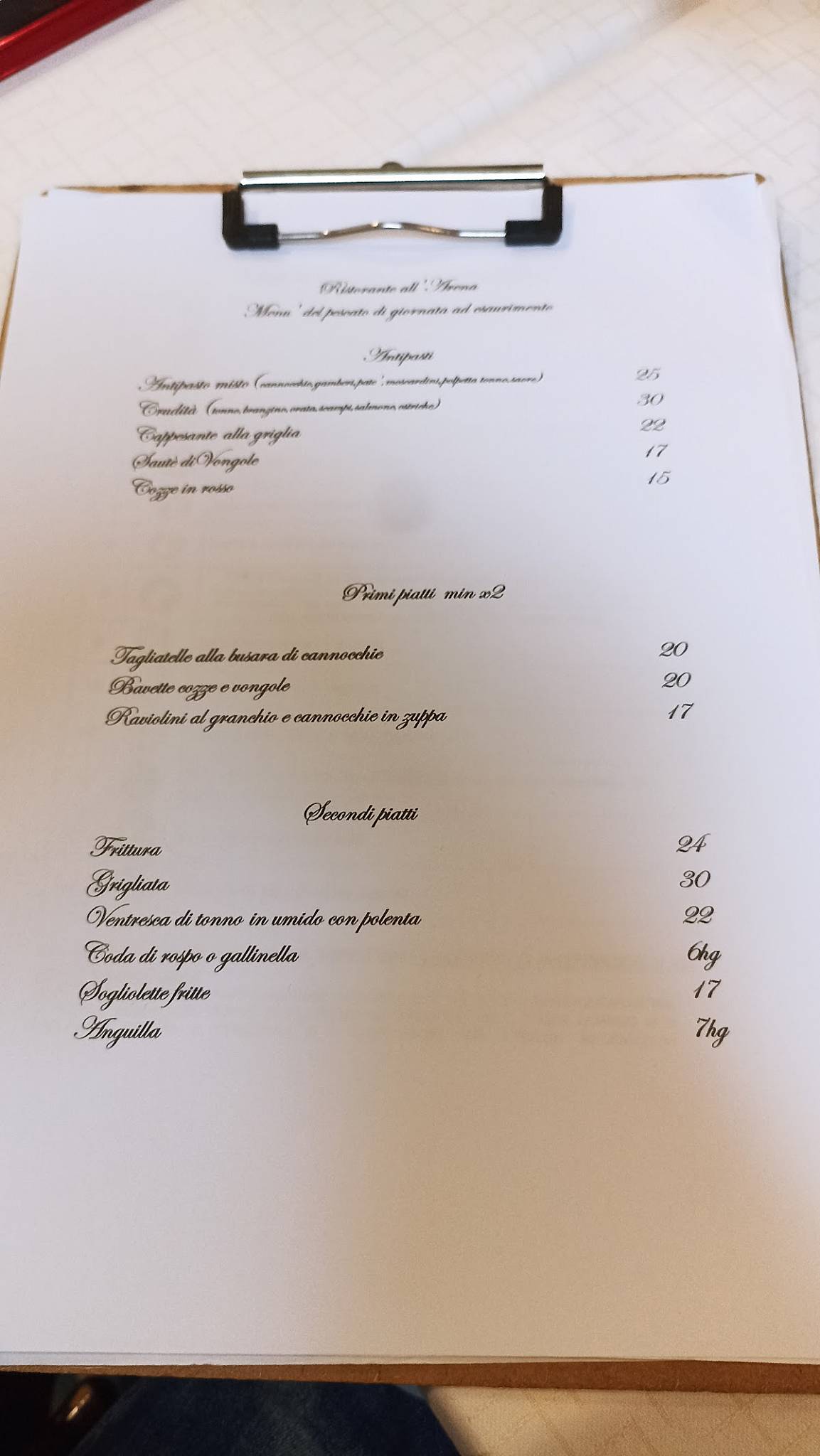 Menu di All'Arena 