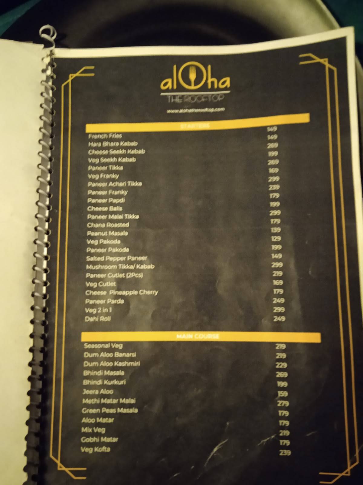 Aloha - The Rooftop Restaurant menu
