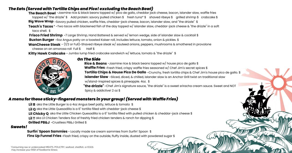 Menu at Anchor Grill OBX restaurant, Kitty Hawk