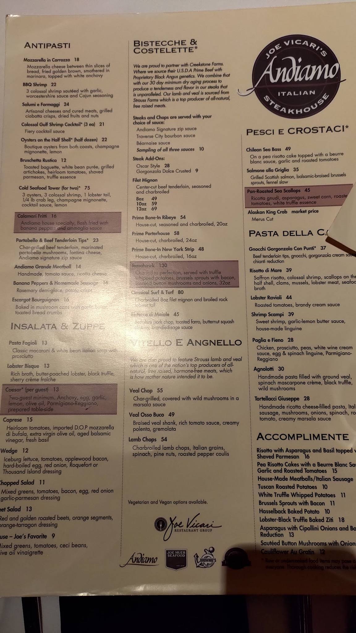 Menu at Andiamo Steakhouse, Las Vegas