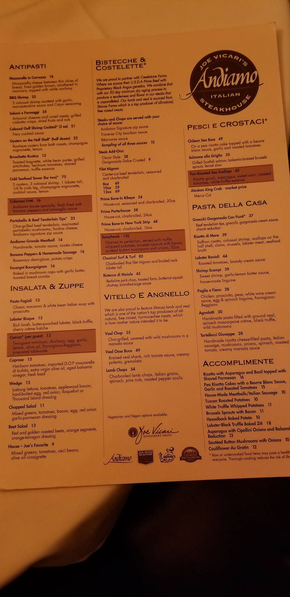 Menu at Andiamo Steakhouse, Las Vegas