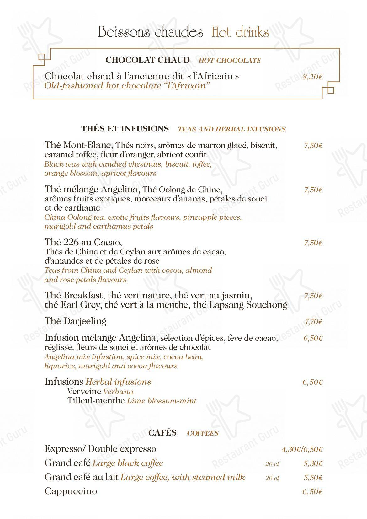 Menu pour Angelina Paris – Château de Versailles, Salon de thé-restaurant - Menu